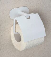Saban Kapaklı Tuvalet Kağıdı Tutucusu – Mat Beyaz, Paslanmaz Çelik, Yapışkanlı Montaj, Duvara Monte, 14x12,5x7 cm