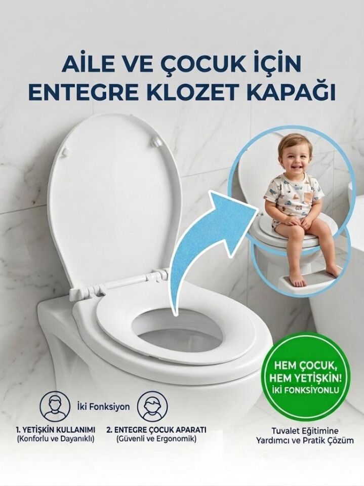 Beyaz, Yetişkin ve Çocuk Klozet Kapağı – Söküp Takılabilir Çocuk Adaptörlü - Yerli Üretim