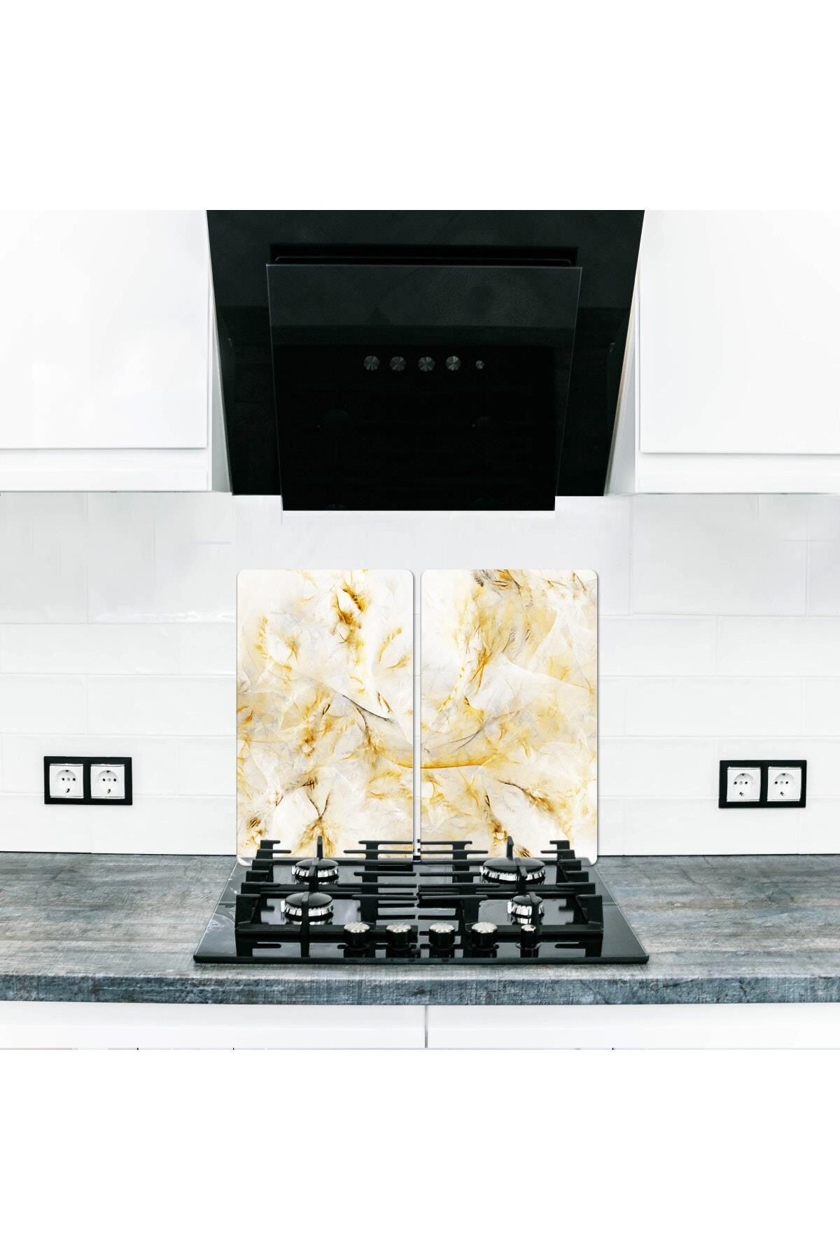 2'li 30x52 cm Cam Ocak Koruyucu 4'lü Ocaklar İçin Beyaz Altın