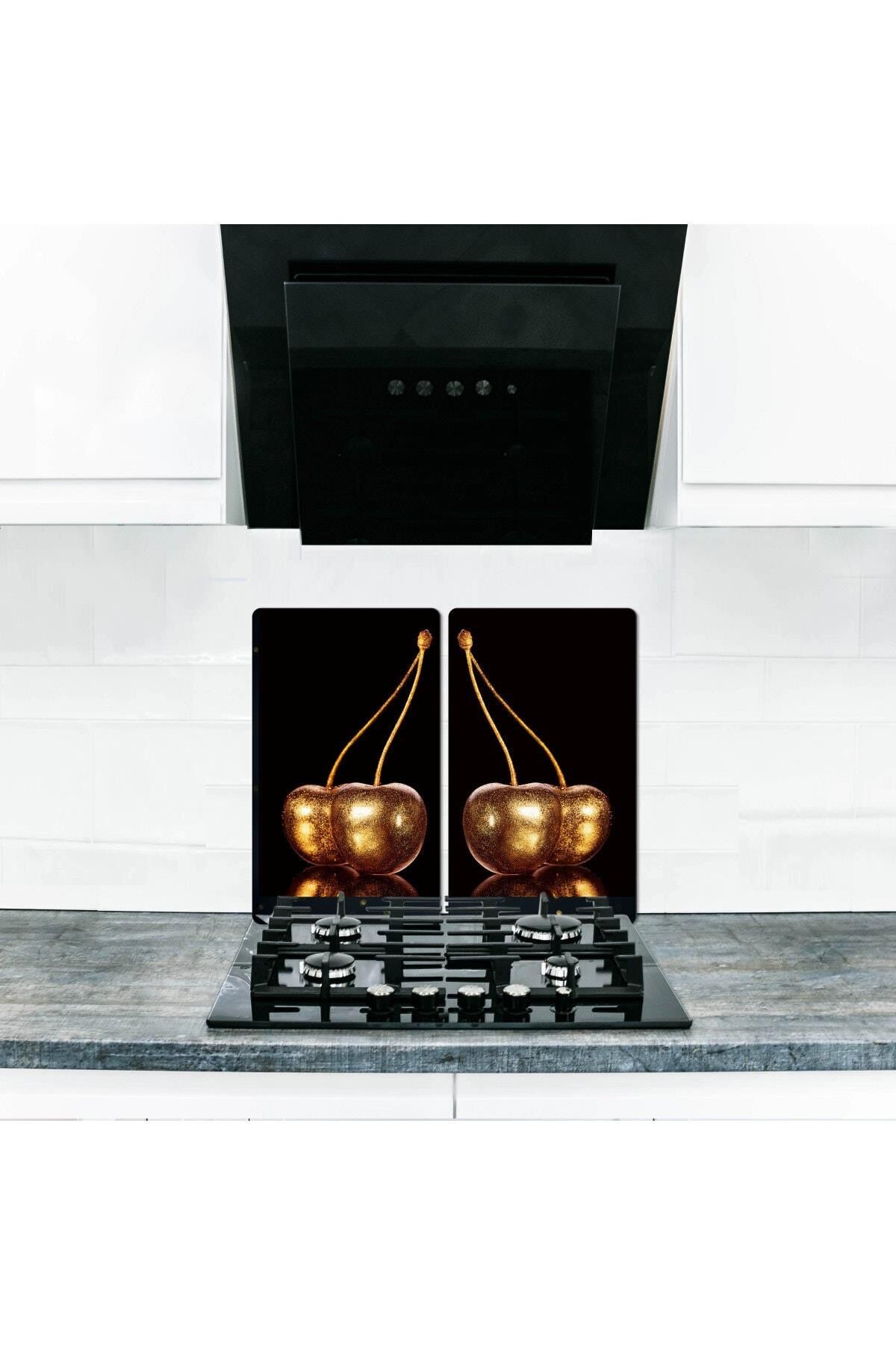 2'li 30x52 cm Cam Ocak Koruyucu 4'lü Ocaklar İçin Altın Kiraz