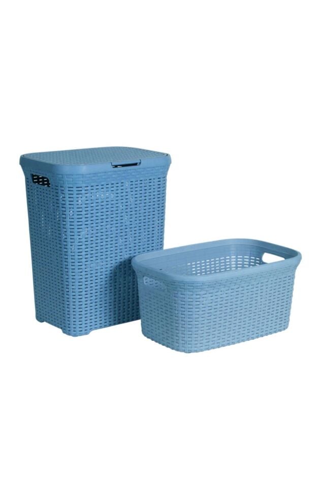 2'li Set Hasır Desenli Plastik Mavi Çamaşır Sepeti & Mavi Çamaşır Selesi