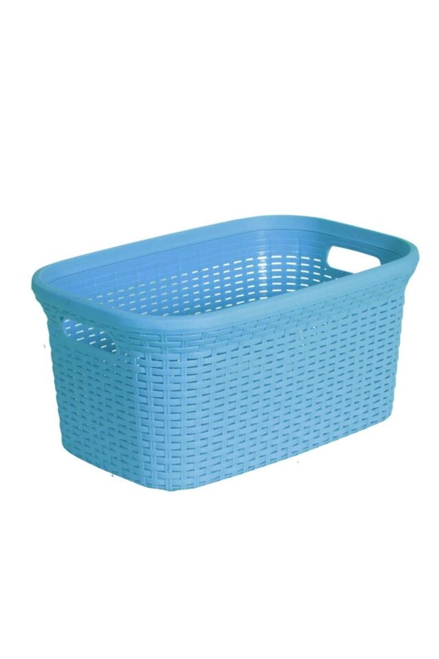 2'li Set Hasır Desenli Plastik Mavi Çamaşır Sepeti & Mavi Çamaşır Selesi