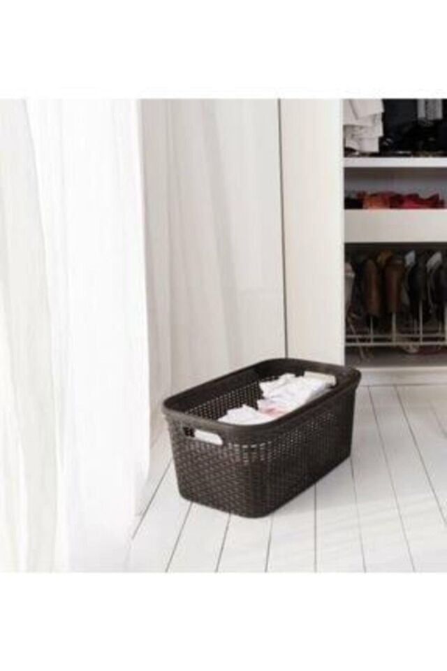 Kahverengi, Hasır Desenli Plastik Çamaşır Selesi - 25x35x53cm