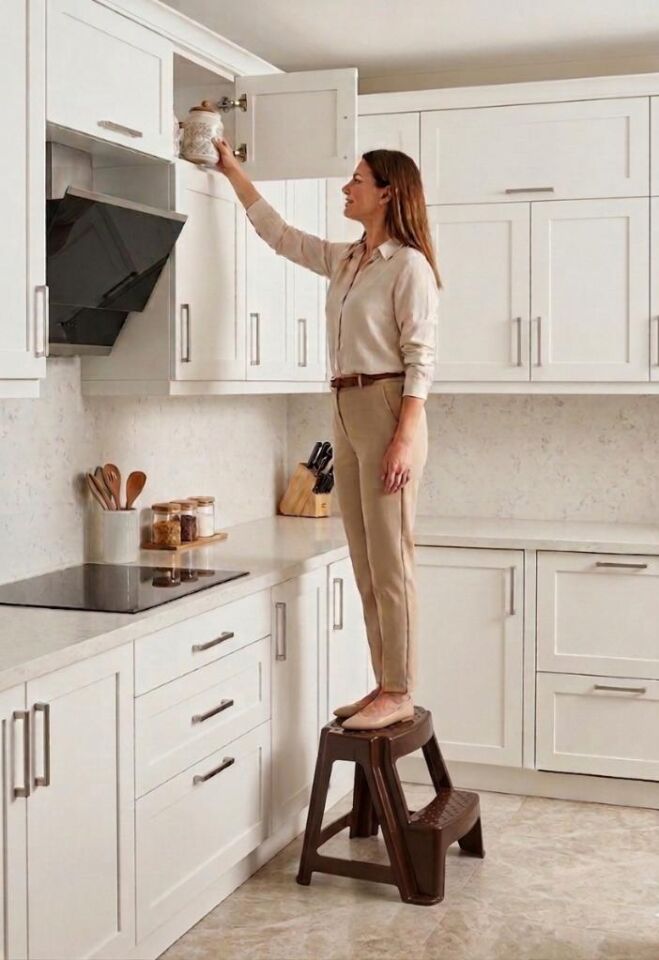 Kahverengi, Plastik Basamaklı Tabure – Kaymaz Yüzeyli, Dayanıklı ve Taşınabilir