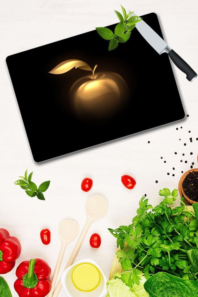 30x40 cm Cam Kesme Tahtası Altın Elma