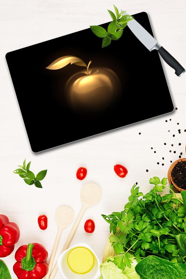 30x40 cm Cam Kesme Tahtası Altın Elma