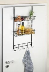 Saban Metal,Siyah Askılı Kapı Rafı –2 Sepetli + 5 Kancalı, Mutfak, Banyo ve Yatak Odası 39 x 75 x 10 cm