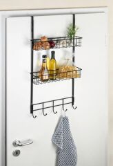 Saban Metal,Siyah Askılı Kapı Rafı –2 Sepetli + 5 Kancalı, Mutfak, Banyo ve Yatak Odası 39 x 75 x 10 cm
