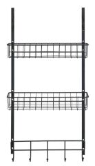 Saban Metal,Siyah Askılı Kapı Rafı –2 Sepetli + 5 Kancalı, Mutfak, Banyo ve Yatak Odası 39 x 75 x 10 cm