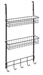 Saban Metal,Siyah Askılı Kapı Rafı –2 Sepetli + 5 Kancalı, Mutfak, Banyo ve Yatak Odası 39 x 75 x 10 cm