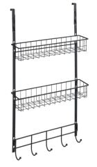 Saban Metal,Siyah Askılı Kapı Rafı –2 Sepetli + 5 Kancalı, Mutfak, Banyo ve Yatak Odası 39 x 75 x 10 cm