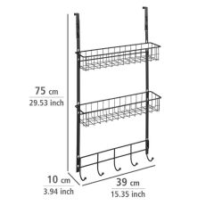 Saban Metal,Siyah Askılı Kapı Rafı –2 Sepetli + 5 Kancalı, Mutfak, Banyo ve Yatak Odası 39 x 75 x 10 cm
