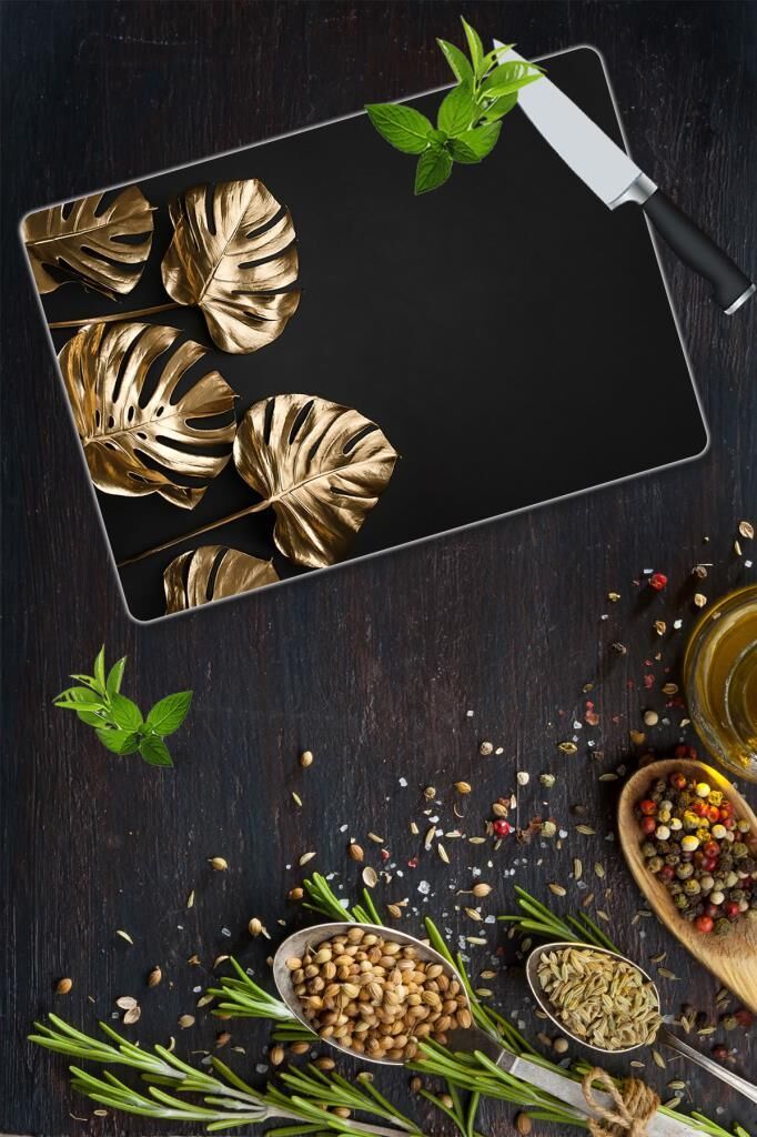 30x40 cm Cam Kesme Tahtası 4 Altın Yaprak