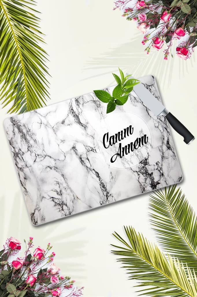 30x40 cm Cam Kesme Tahtası Canım Annem Beyaz Mermer