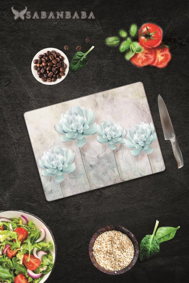 30x40 cm Cam Kesme Tahtası Mavi Çiçekler