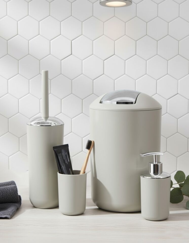 4'lü Bej, Banyo Aksesuar Seti, Çöp Kovası Seti - Brazil Model