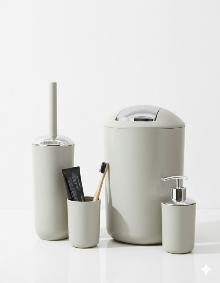 4'lü Bej, Banyo Aksesuar Seti, Çöp Kovası Seti - Brazil Model