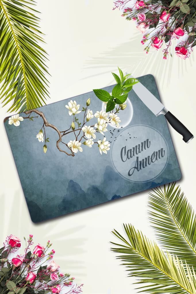 30x40 cm Cam Kesme Tahtası Canım Annem Ay & Çiçekler