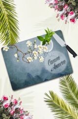 30x40 cm Cam Kesme Tahtası Canım Annem Ay & Çiçekler