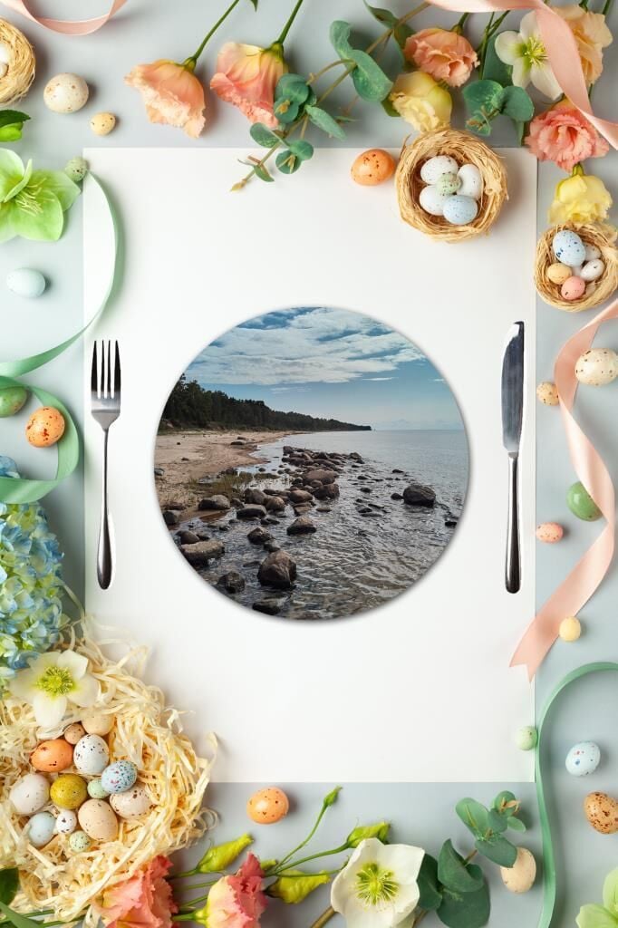 Çap 27 cm Kayalı Sahil Desenli Cam Sunumluk Amerikan Servis Supla