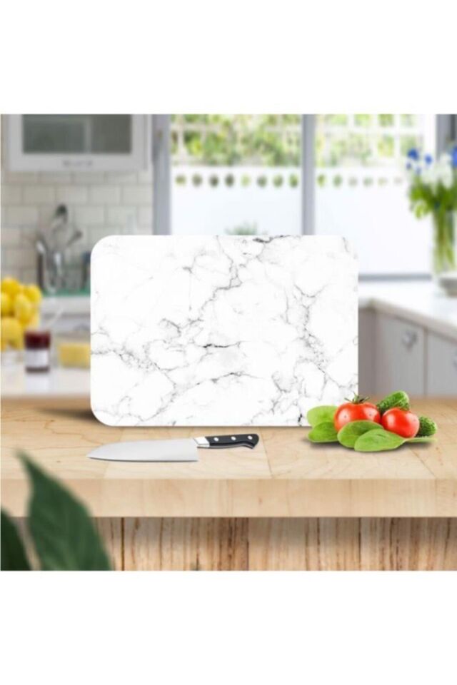 30x40 cm Cam Kesme Tahtası Siyah Beyaz Mermer Desenli
