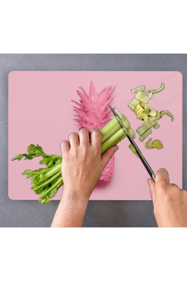 30x40cm - Pembe Ananas Desenli - Cam Kesme Tahtası