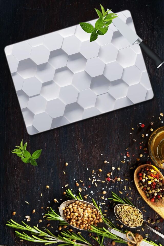 30x40 cm Cam Kesme Tahtası Beyaz Altıgen