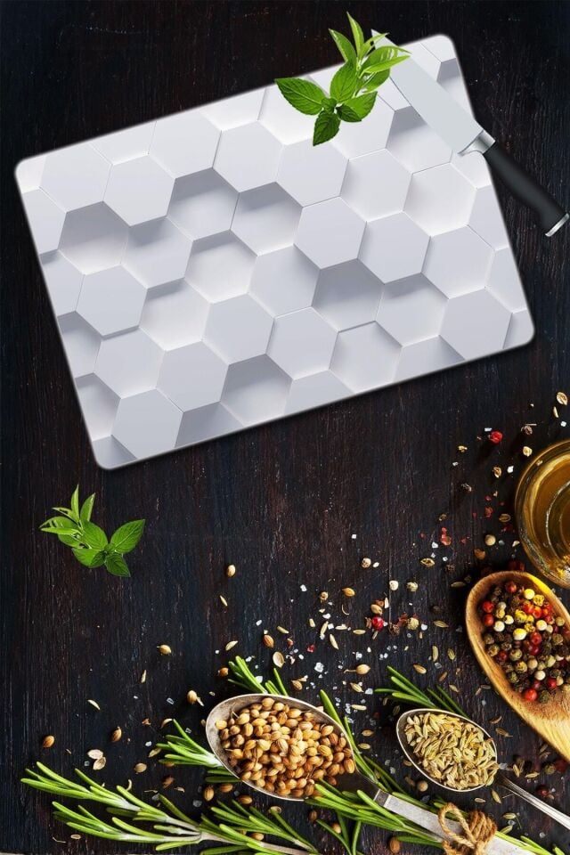 30x40 cm Cam Kesme Tahtası Beyaz Altıgen