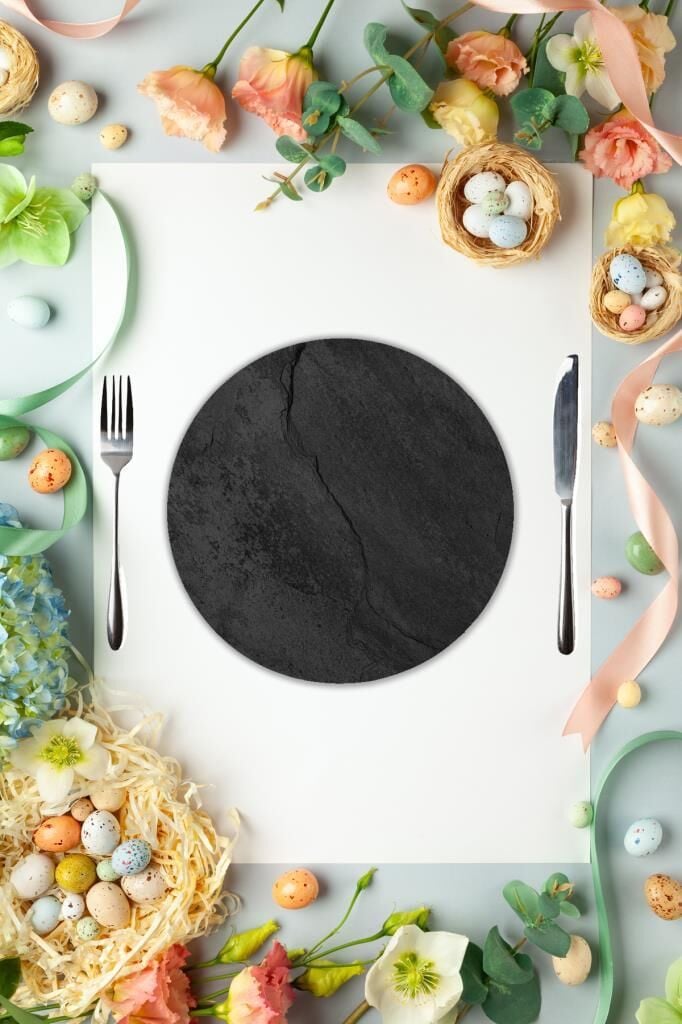 Çap 27 cm Kara Mermer Desenli Cam Sunumluk Amerikan Servis Supla