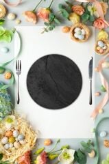 Çap 27 cm Kara Mermer Desenli Cam Sunumluk Amerikan Servis Supla