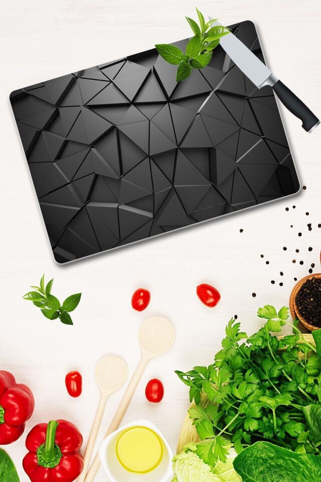 30x40cm - Siyah Üçgenler Desenli - Cam Kesme Tahtası