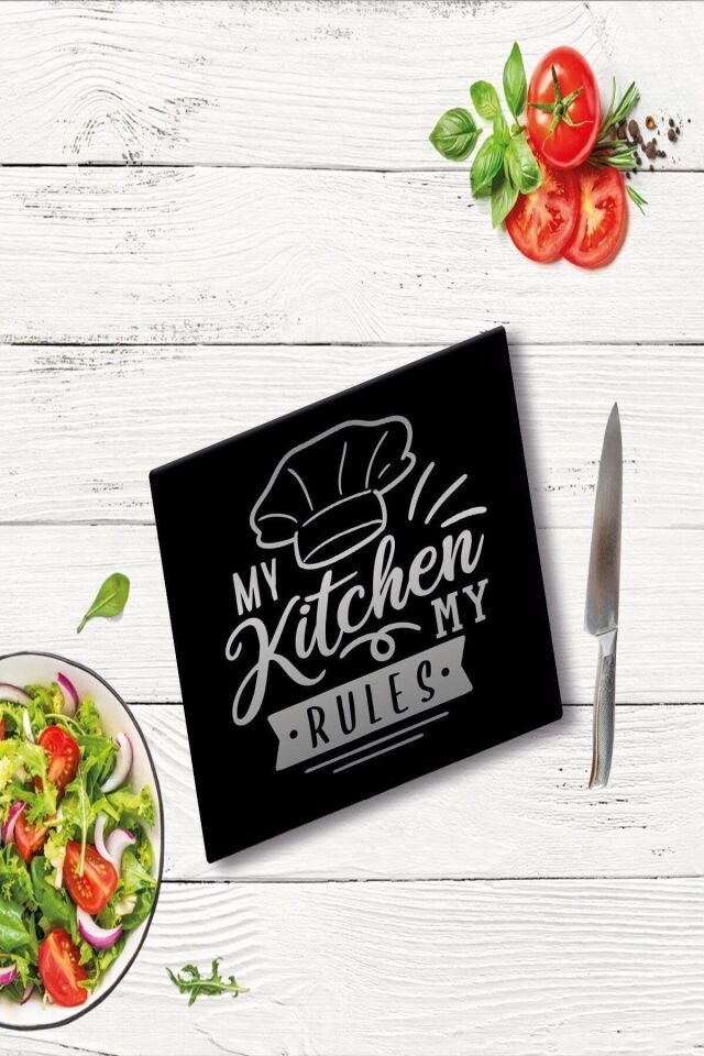 30x40 cm Cam Kesme Tahtası My Kitchen Siyah Şapka