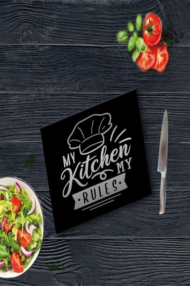30x40 cm Cam Kesme Tahtası My Kitchen Siyah Şapka