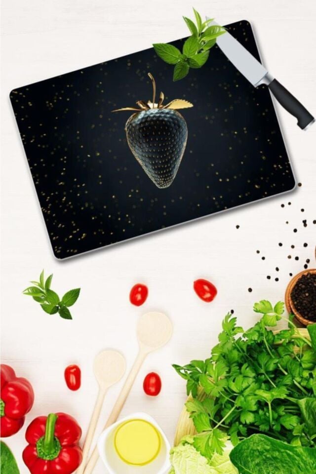 30x40 cm Cam Kesme Tahtası Altın Çilek
