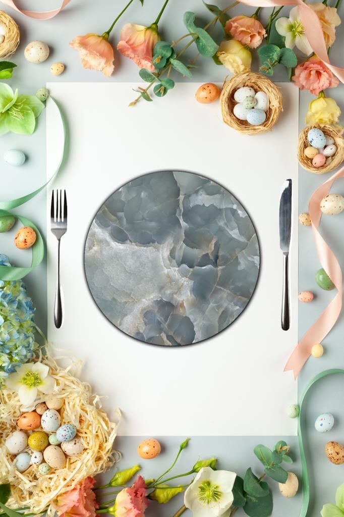 Çap 27 cm İtalyan Mermer Desenli Cam Sunumluk Amerikan Servis Supla