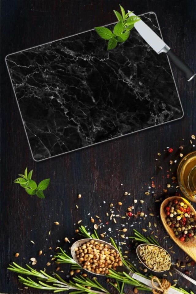 30x40 cm Cam Kesme Tahtası Siyah Mermer Görünümlü