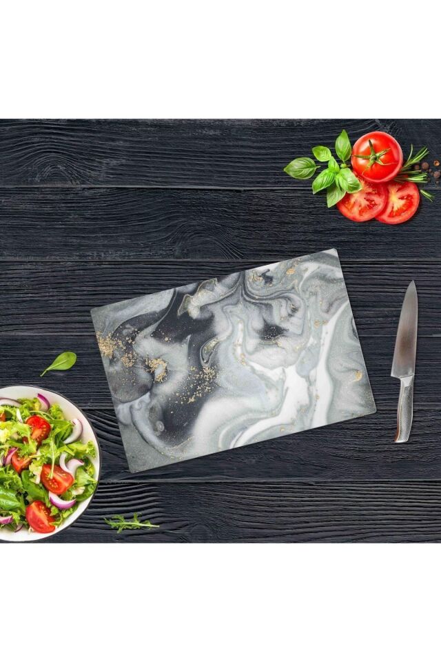 30x40 cm Cam Kesme Tahtası Gri Altın Mermer