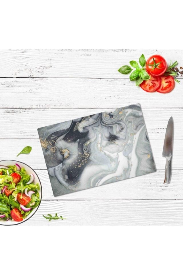 30x40 cm Cam Kesme Tahtası Gri Altın Mermer