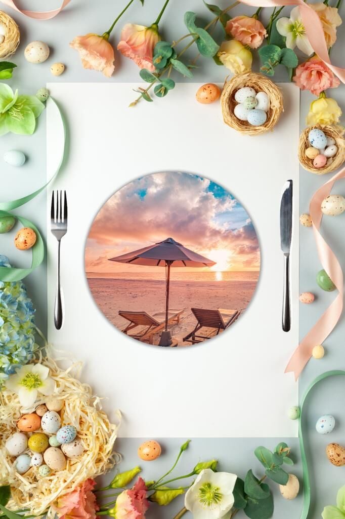 Çap 27 cm İki Şezlong Desenli Cam Sunumluk Amerikan Servis Supla