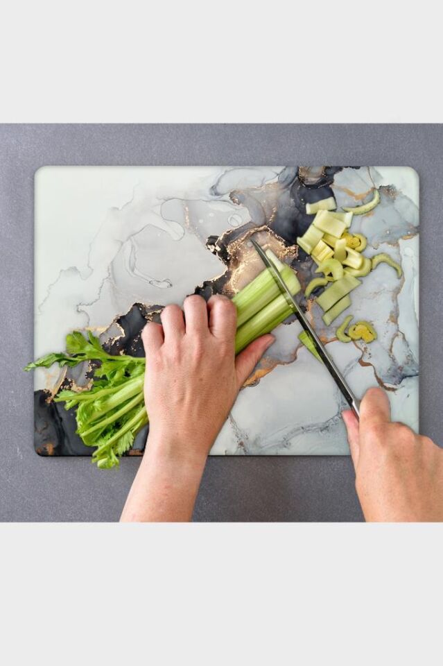 30x40 cm Cam Kesme Tahtası Siyah Yaldızlı Mermer