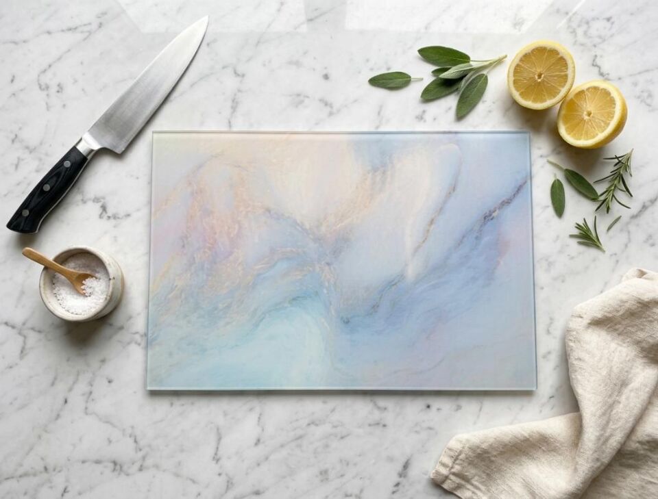 30x40cm - Ezgi Mermer Görünümlü - Cam Kesme Tahtası