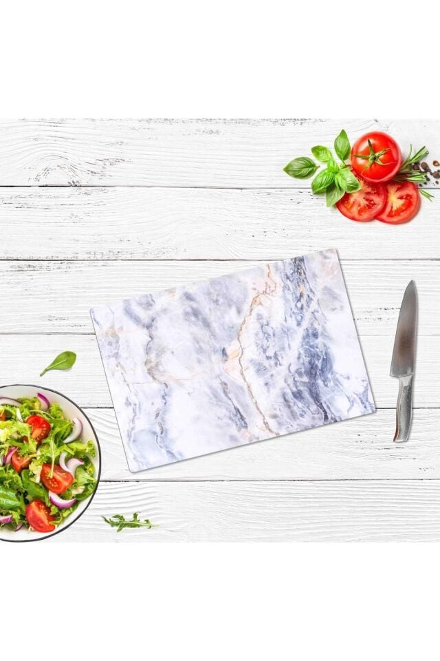 20x30cm - Mavi Mermer Görünümlü - Cam Kesme Tahtası