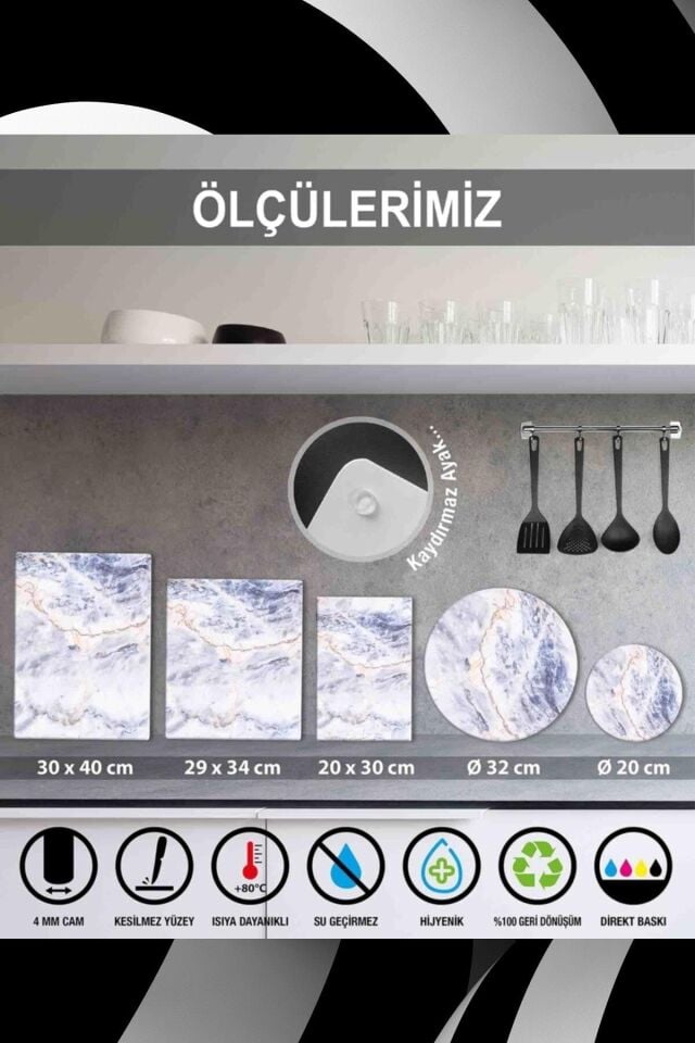 20x30cm - Gri Altın Mermer - Cam Kesme Tahtası