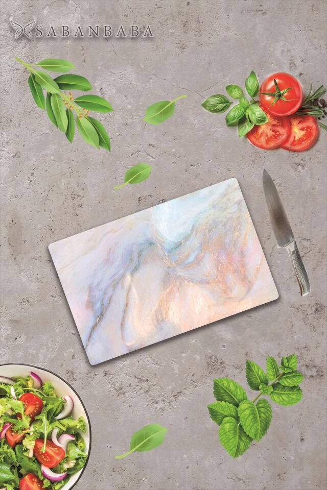 20x30cm - Ezgi  Mermer Görünümlü - Cam Kesme Tahtası