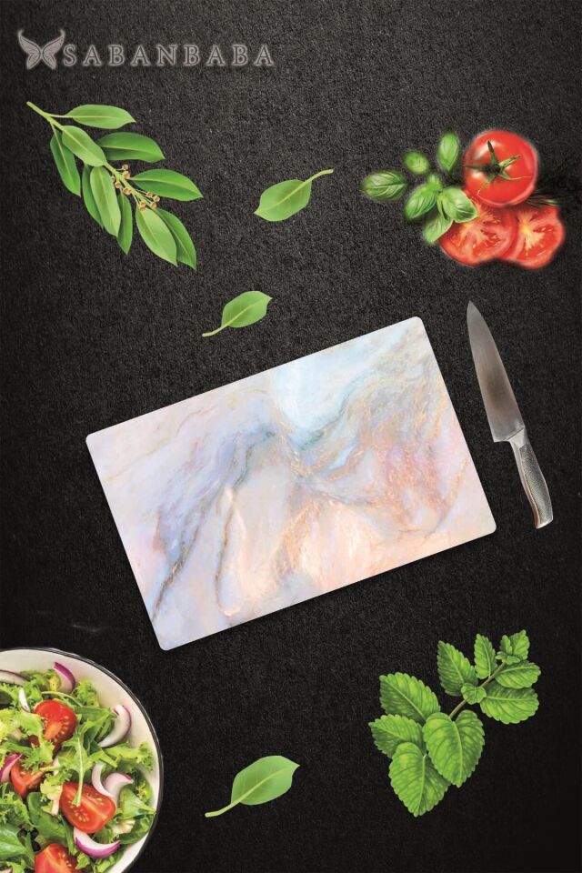 20x30cm - Ezgi  Mermer Görünümlü - Cam Kesme Tahtası