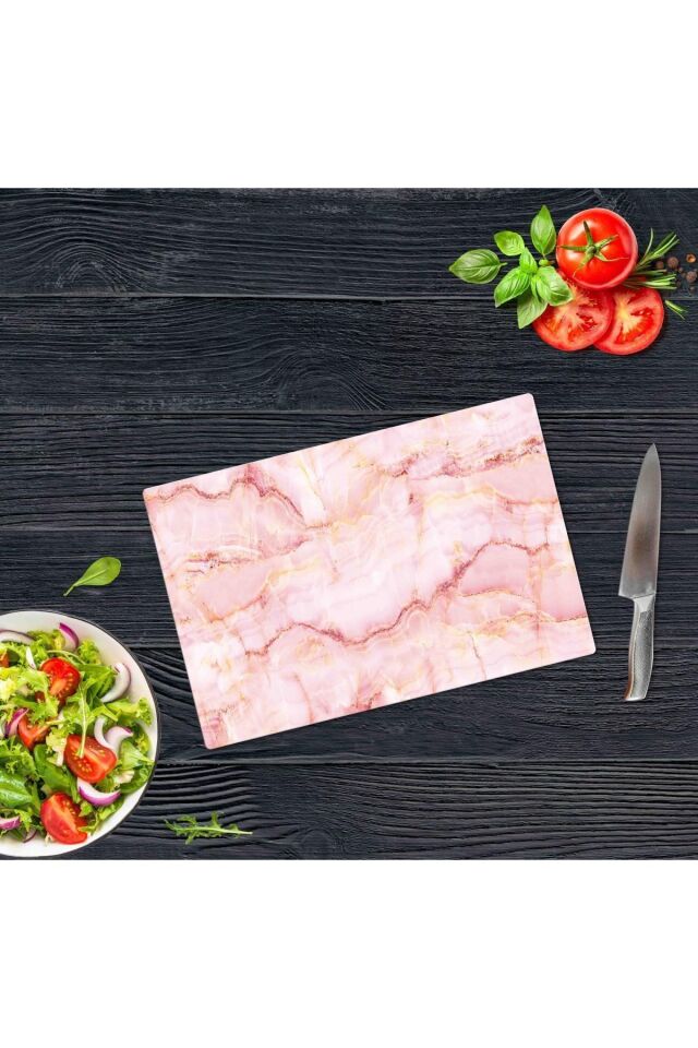 20x30cm - Pembe Mermer Görünümlü - Cam Kesme Tahtası