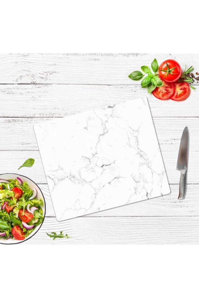 29x34cm - Siyah Beyaz Mermer - Cam Kesme Tahtası