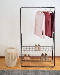 Saban Metal Elbise Askılığı – 2 Katlı Ayakkabılık Raflı Portatif Kıyafet Askı Standı | 92 x 159 x 48 cm