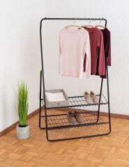 Saban Metal Elbise Askılığı – 2 Katlı Ayakkabılık Raflı Portatif Kıyafet Askı Standı | 92 x 159 x 48 cm