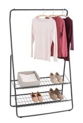 Saban Metal Elbise Askılığı – 2 Katlı Ayakkabılık Raflı Portatif Kıyafet Askı Standı | 92 x 159 x 48 cm
